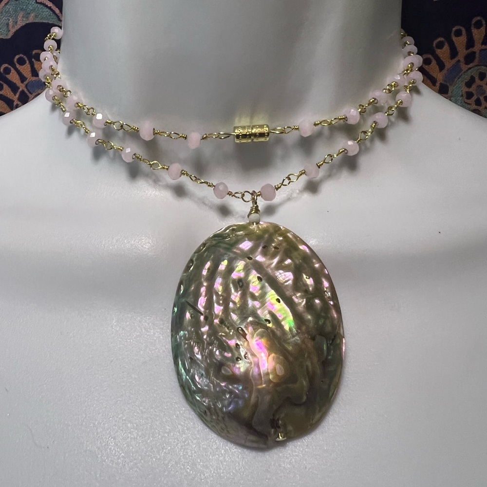 Mother of pearl/Abalone pendant on a gold  and Rose quartz necklace